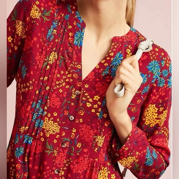 Anthropologie Maeve Red Floral Viscose Button Printed Pintucked Blouse Sz S - Picture 2 of 10